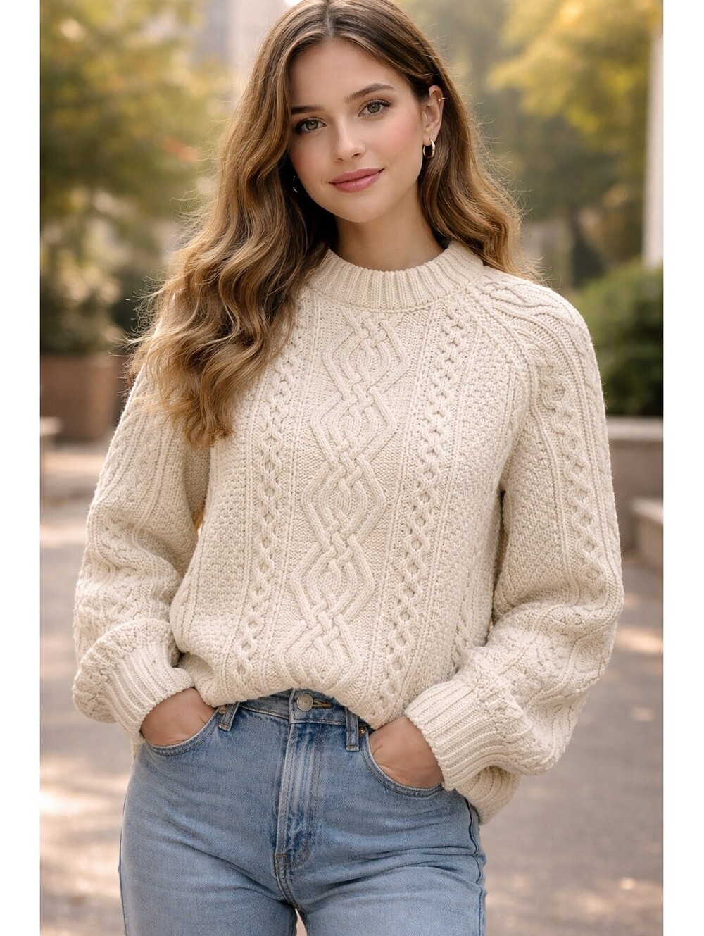 VTG Blarney Woollen Mills Pure Wool Aran Fisherman Sweater Woman's Lg Cream